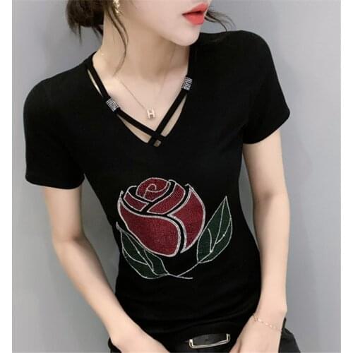 #6034Black Green Basic T Shirt Women With Diamonds Cotton Sexy Clothes Short Sleeve T Shirt V Neck Slim Womens Tee Shirts Summer