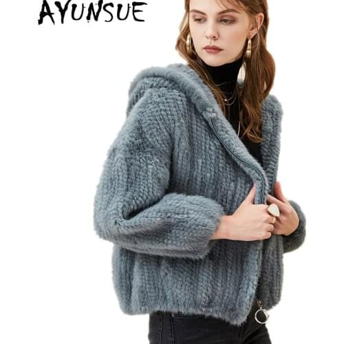 AYUNSUE Real Mink Fur Coat Female Knitted Mink Jacket Hooded 2020 Fashion Winter Coats Women Short Natural Fur Jacket A1818