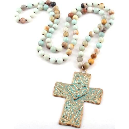 Free Shipping Bohemian Jewelry long knotted Amazonite Stones Cross Necklace For Women