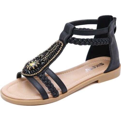 Bohemian Sandal Women Ethnic Style Soft Flat Beaded Summer Womens Shoe Open Toe New Bag with Roman Beach Vacation Sandals