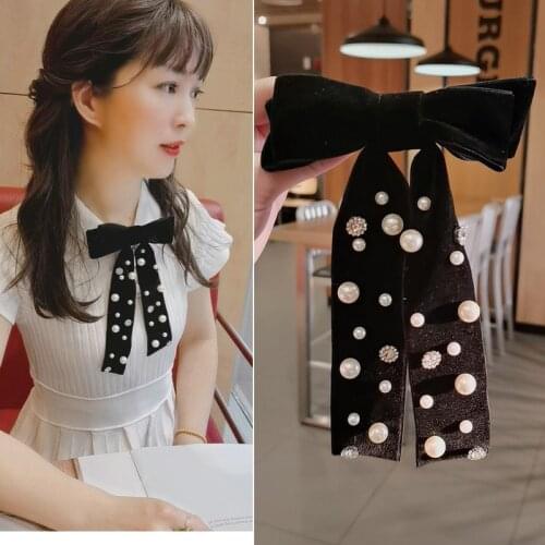 Retro Black Velvet Bow Tie Brooch Pearl Rhinestone Bowknot Shirt Collor Pins Luxulry Brooches for Women Jewelry Accessories