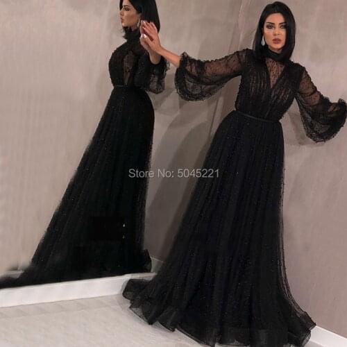 Black Muslim Evening Dresses 2019 A-line Long Sleeves Tulle Pearls Long Islamic Dubai Saudi Arabic Long Formal Evening Gown