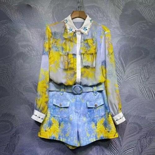 Summer Womens Suit Temperament Printing Lapel Diamond Long-sleeved Shirt + High-waist Shorts Two-piece Suit