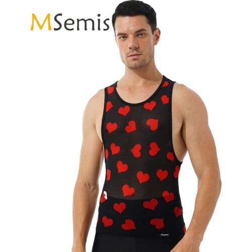 Mens See-Through Mesh Tank Top Fashion Transparent Heart Print Tees Breathable Round Neck Sleeveless Slim Fit T-shirt Vest Tops