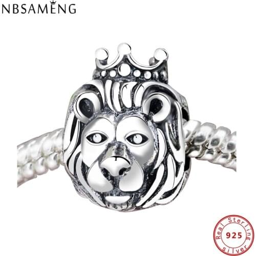 NBSAMENG 100% 925 Sterling Sliver Bead Charm Vintage Lion with Crown Animal Beads Fit DIY Bracelets & Bangle Jewelry