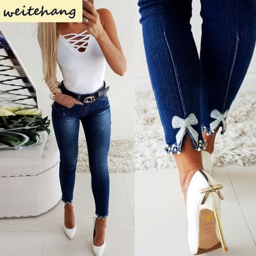 New Woman Fashion Jeans High Waist Straight Pants Women Streetwear Pearl Lace Stitching Jeans Skinny Pencil Denim Trousers 200