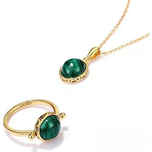 Simple Classic Two-Piece Set With Green And Pink Stone Rings (Opening Adjustable) And Necklace
