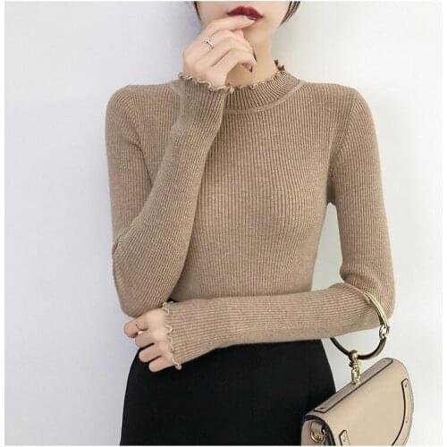Pullovers Knitted Turtleneck Ruched Sweater Women Long Sleeve High Elastic Solid Jumper Fall Winter Woman Soft Ribbed Sweaters
