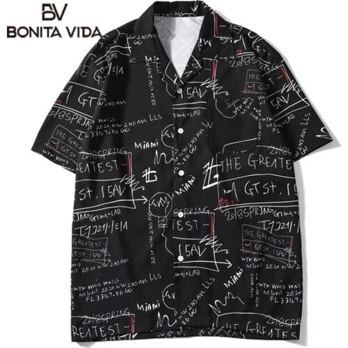 Bonita Vida Hawaiian Streetwear Men Hip Hop Short Sleeve Shirts Graffiti Print Harajuku Beach Shirt Summer Casual Shirt Tops