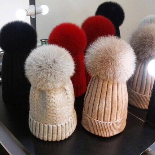 Fashion New Fox Fur Mink Pompoms 15cm Skullies Beanies Hats For Women Children Winter Solid Wool Warm Skullies Beanies Hats