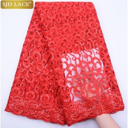 SJD LACE Red High Quality African French Lace Fabric With Sequins Nigeria Net Lace Fabric Soft Milk Silk Lace For Party SewA1815