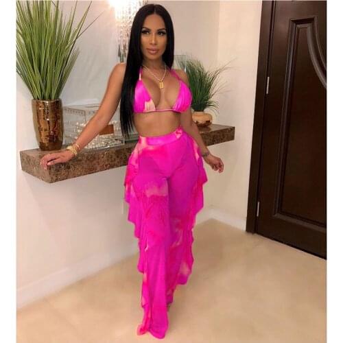 Y5117 Tie-dye printed mesh summer beach two-piece suit with panties, womens sexy bra, backless cropped top, ruffled wide-leg pa