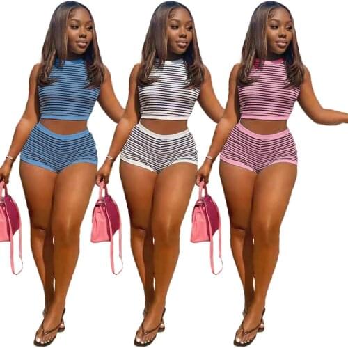 S-2XL Womem Summer Clothing 2021 Fashion Casual Stripe Sleeveless Top And Shorts Two Piece Set Wholesale Dropshipping