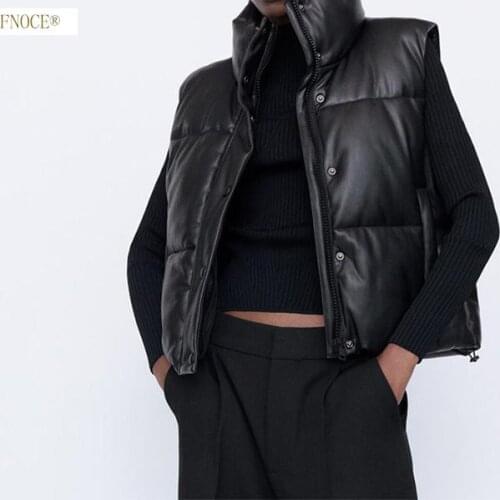FNOCE 2021 new spring vests for womens fashion trends casual high street solid Fake leather solid stand collar zipper slim vest