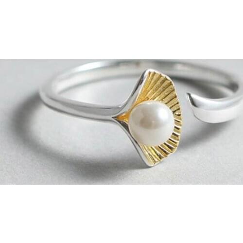 Hot Sale 100% 925 Sterling Silver Open Rings For Women Statement Natural Freshwater Pearl Ginkgo Adjustable Ring Fashion Jewelry