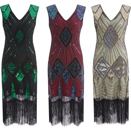 1920s Retro Sequin V-Neck Dress Vintage Fringe Evening Clothes Great Gatsby Party Costumes Modern Latin Dance Clothing DQL4971
