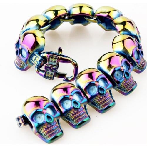 26MM High Quality 316L Stainless Steel Colorful Skeleton Skull Head Chain Mens Bracelet Bangle Biker Jewelry 8.66inch Hotsale