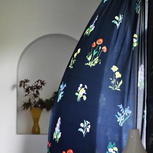 American Retro Sheer Curtains for Living Room Navy Blue Tulle Plants Floral Printed Voile Curtain Ready Made Window Treatments
