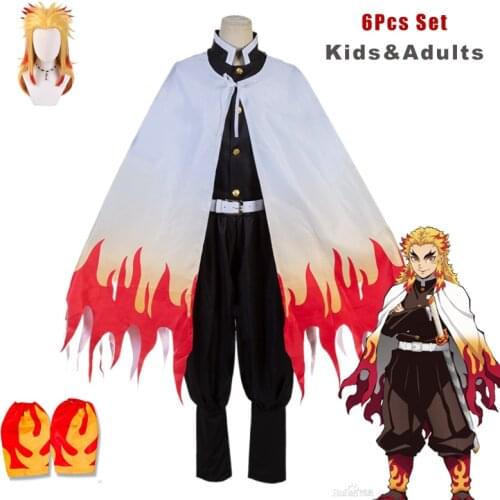 Anime Demon Slayer Kimono Kisatsutai Rengoku Cosplay Costume Kimetsu no Yaiba Haori Wig Adult Kids Uniforms Shoe Cloak 7Pcs Set