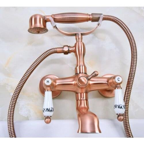 Antique Red Copper Brass Wall Mounted Bathroom Clawfoot Tub Faucet Mixer Tap Telephone Shower Head Dual Ceramic Handles ana328