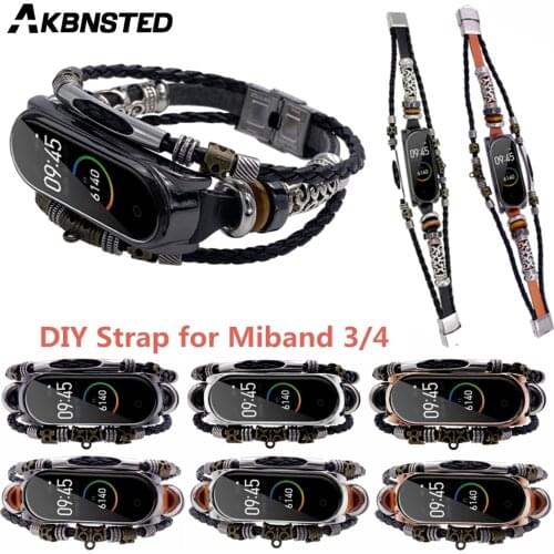 AKBNSTED For Xiaomi Mi Band 4 Smat Bracelet DIY Retro Leather Watch Strap For Xiaomi Mi Band 3 Replace Wristband Accessories