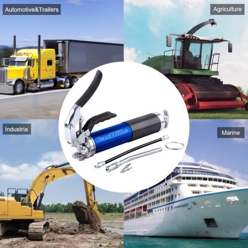 Carbole Blue Grease Gun Pistol Grip Dual Flow Pressure 6000psi Industrial Quality Tool w/ 12" Flex Hose Manual 14oz Cartridge