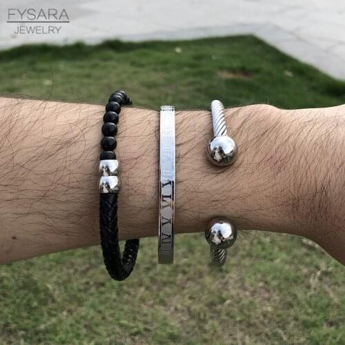 FYSARA Black Bead Leather Bangles Roman Letter Cuff Bracelets Bangles Set 3pcs Round Cable Wire Pulseiras Men Jewelry