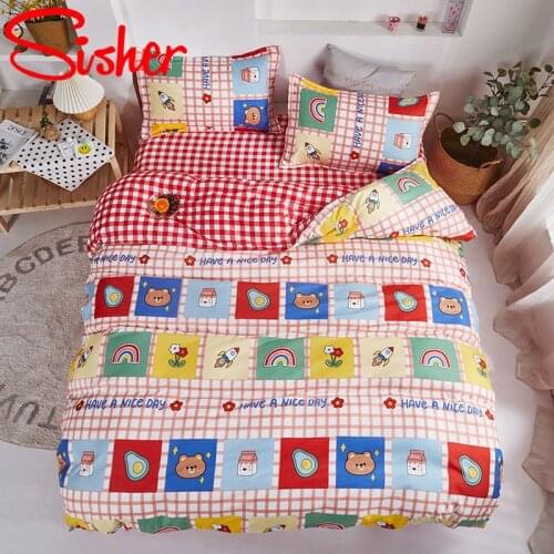 Cartoon Printed Bedding Set With Flat Bed Sheet Linen Modern Cute Duvet Cover Set Single Double Queen King Size Quilt Covers