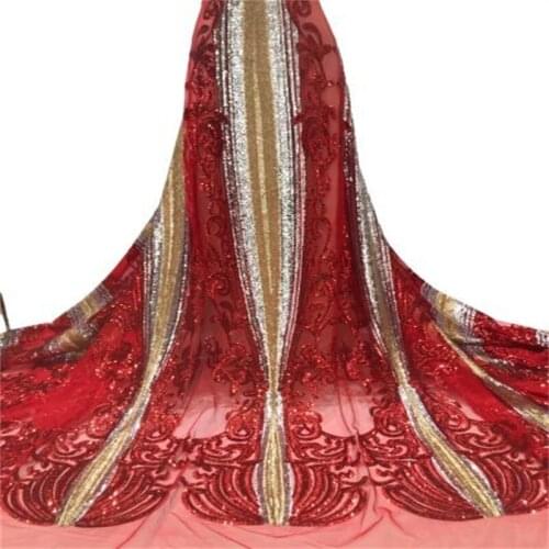 Red/Gold Nigerian Mesh Net Lace Fabric African Sequins Lace Fabric High Quality French Mesh Tulle Lace Fabric with Sequins