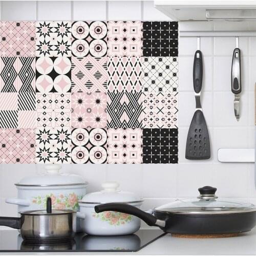 Colorful geometric Tiles Wall Sticker Kitchen Bathroom Waterproof Tile Waist Line Wallpaper PVC Removable Art Mural