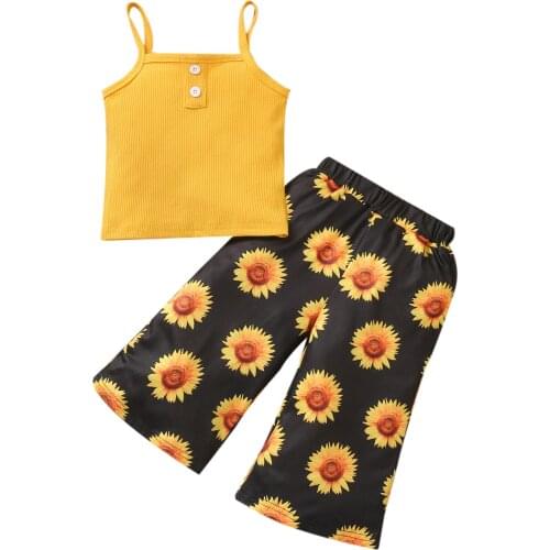 6M to 4Y Baby Girl’s Summer Camisole Trousers Two-Piece Suit Sweet Solid Color Suspender Tops and Sunflower Wide Leg Pants