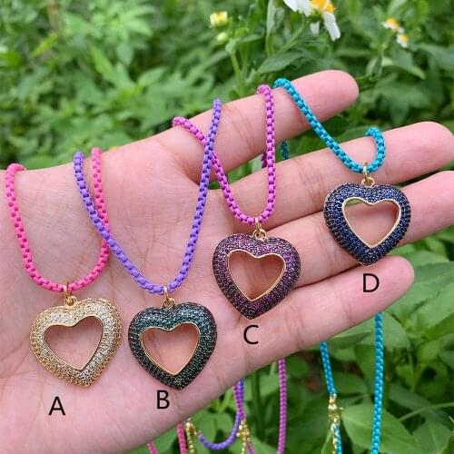Hollow out Heart Copper Gold Plated CZ Micro Pave Pndant Rainbow Enamel Box Chain Necklace Bulk Jewelry Wholesale