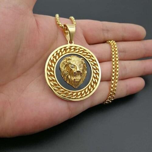 Fashion Domineering Lion Head Stainless Steel Metal Pendant with Cuban Chain Mens Hip-Hop Trendy Clothing Necklace