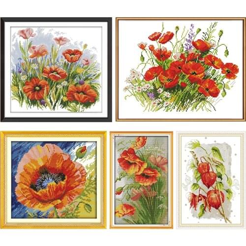 Embroidery Needlework Cross Stitch Kit Poppy Flowers Stamped Patterns 11CT 14CT Counting Printed Craft Decor Gift Art Sewing Set