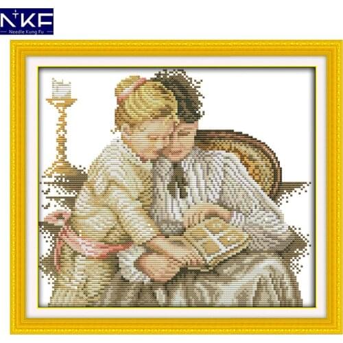 NKF Mother and Daughter Read Together Cross Stitch DIY Kit Counted Cross Stitch Kit for Embroidery Cross Crafts Cross Stitch Set