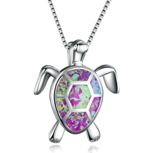 Cute Turtle Imitation Opal Necklace Fashion Animal Pendant Necklace Statement Bohemian Jewelry for Women White/Pink/Blue/Green