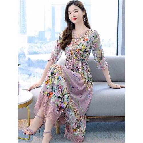 Floral Dress Female Spring Summer 2021 New Lace V-Neck Slim Chiffon Temperament Sweet Dress Korean Fashion Women Clothing zh770