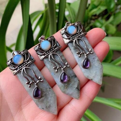 Reiki Natural Stone Pendants Sword Pendulums Opal Quartz Flower Hexagonal Real Labradorite Gray Moonstone Pendant Women Jewelry