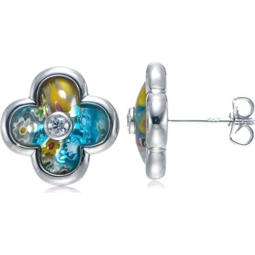 RIVERSTONE Four Leaf Clover Murano Glass Millefiori Earring Handmade Rhodium Plated Multicolor Vintage