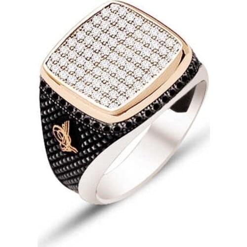 Silver White Zircon Sides Tuğralı Male Ring