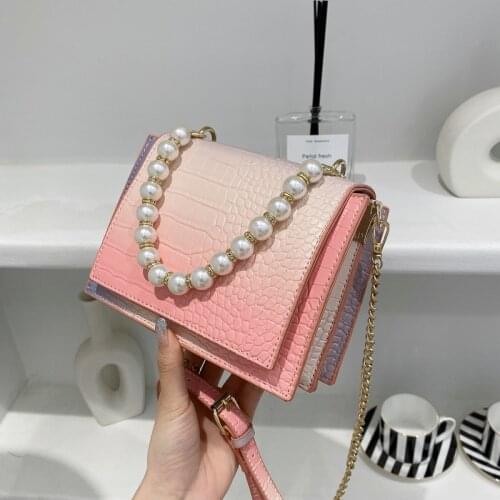Fashion Women Handbags PU Leather Hit Color Pearl Chain Shoulder Crossbody Bag Ladies Vintage Small Purse Ladies Handbags Retro