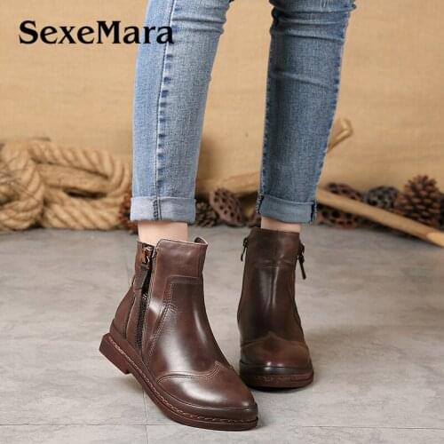 SexeMara Genuine Leather Mid-Calf Women Boots Vintage Casual Plus velvet Warm Winter Woman Flats Boots Round Toe Female Shoes