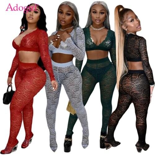 Adogir Women Sexy Lace Two Piece Set See through V Neck Long Sleeve Crop Top Pencil Pants Night Club Suit Female Outfits