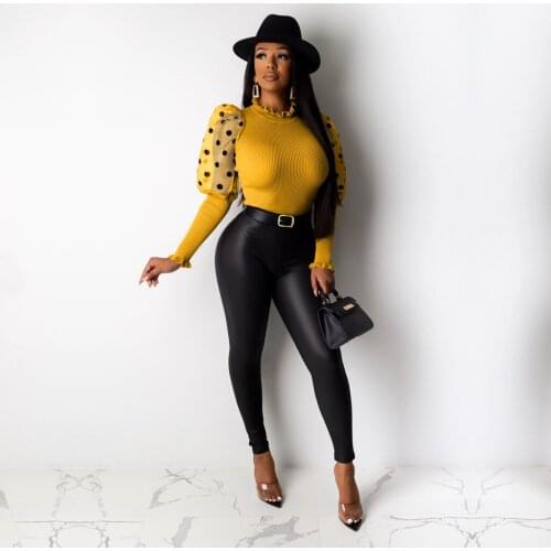 Womens pit strip puff sleeve top T-shirt super elastic thread fabric