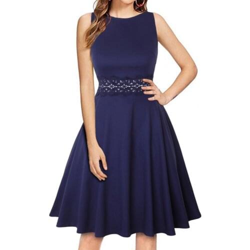 Women Dress Elegant Sleeveless Hollow Out Floral Solid Color Sleeveless Mini Dress Patchwork Loose Hem Zipper Summer Dress 2XL