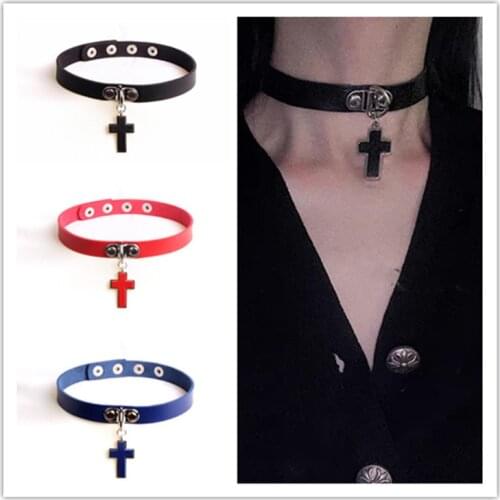 Goth PU Leather Cross Clavicle Necklaces for Women Rivet Spike Punk Collar Chain Charm Neck Strap Girls Choker Body Jewelry