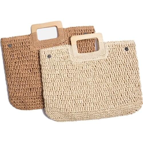 2021 Literary Retro Large Capacity Straw Bag Wooden Handle Shoulder Bag Simple Hand Woven Beach Bags Female Handbag