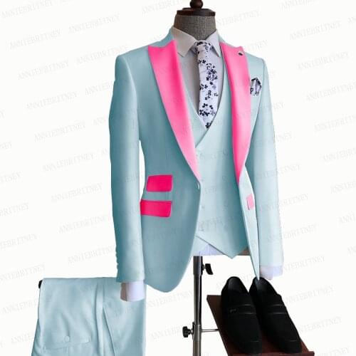 2021 Fashion Sky Blue Suit Men 3 Pieces Slim Fit Custom Groom Wedding Prom Suit Jacket Double Breasted Vest Pants Dress Tuxedo