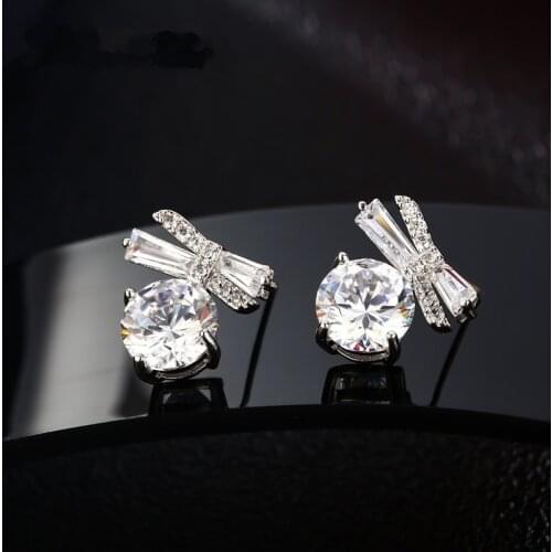 White Round Zircon Earrings Cute Female Small Bowknot Earrings Vintage 925 Sterling Silver Stud Earrings For Women Wedding Gifts
