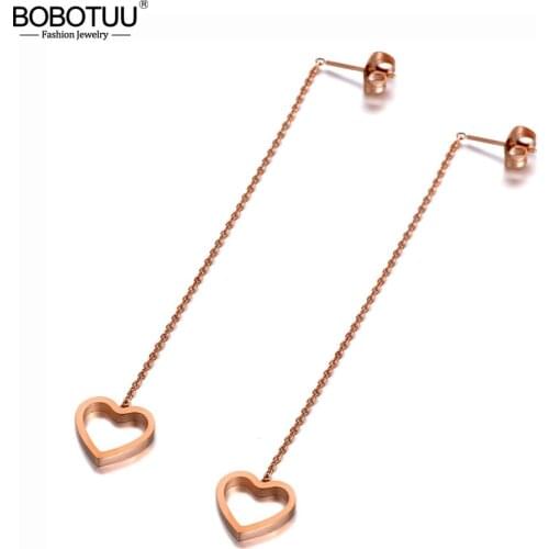 BOBOTUU Trendy Titanium Stainless Steel Love Heart Tassel Earrings For Women Girls Rose Gold Chain Dangle Earrings BE19297